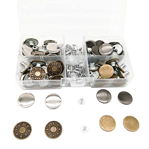 60 Sets 17MM Metal Jeans Tack Button and Rivets Replacement Kit Fastener Craft DIY for Denim Jeans Pants Buttons Fix Repair (4 Style, Each 15Pcs)