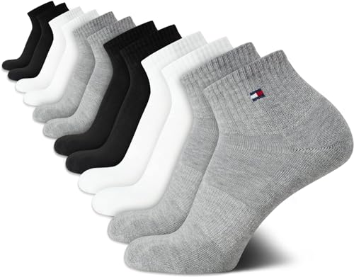 Tommy Hilfiger Mens Quarter Socks - 12 Pack Arch Support Cushioned Performance Stretch Athletic Ankle Socks for Men (7-12), Size 7-12, Grey/Wh/Black