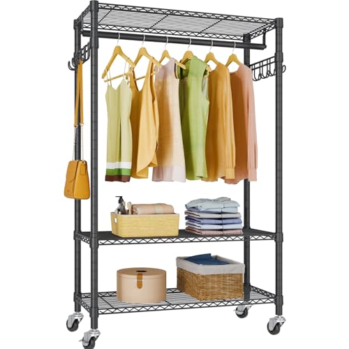 VIPEK R1 Heavy Duty Garment Rack with Lockable Wheels, Portable Rolling Closet with Adjustable Shelves & Hanging Rod & Side Hooks, Compact Space-Saving Storage for Small Apartments/Dorms (Black)