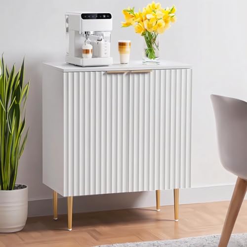 Image of Floated Panel Wooden Sideboard Cabinet | 2 Door Storage Unit with Metal Legs | Premium HDMR Wood Console Cabinet for Living Room, Kitchen & Dining | DIY Leg Assembly (White)