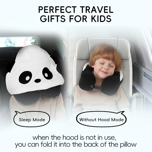 ALLINCOZY Hooded Neck Pillow for Kids and Adults, 100% Pure Memory Foam Upgraded Travel Pillow with Hood, Kids Neck Pillow for Airplane, Outdoor, Office, Soft, Washable, Easy Storage, Panda