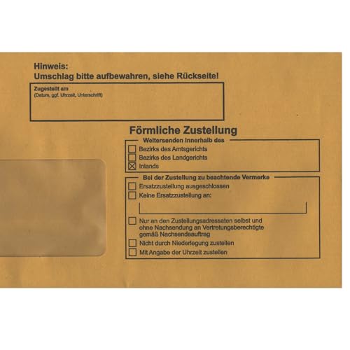 Postzustellungsumschläge DIN Lang „ Förmliche Zustellung “ - Zustellungshüllen mit Fenster (110 × 220 mm), Recycling-Gelb, haftklebend - ZPO-konform (DIN Lang, 25, Anzahl)