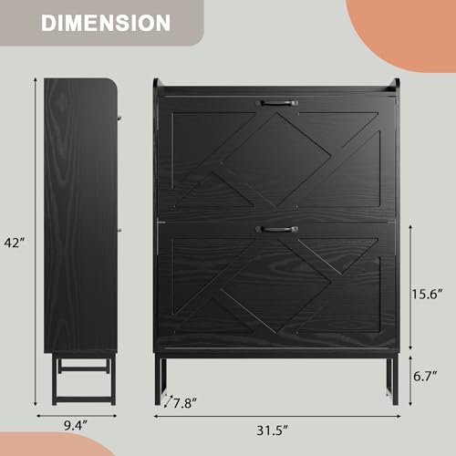Image of Nicetree Shoe Storage Cabinet with 2 Flip Drawers, Freestanding Shoe Organizer, Shoe Cabinet with Metal Legs, Narrow Shoe Rack Cabinet, Farmhouse Slim Shoe Cabinet for Entryway, Foyer, Hallway, Black