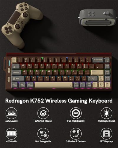 Redragon K752 Wireless Mechanical Keyboard, 60% Gasket Mount Gaming Keyboard with RGB Backlit, Creamy Sound, Tri-Mode 2.4GHz/BT5.0, Hot-Swappable, PBT Keycaps for PC/Mac Gamer - 1