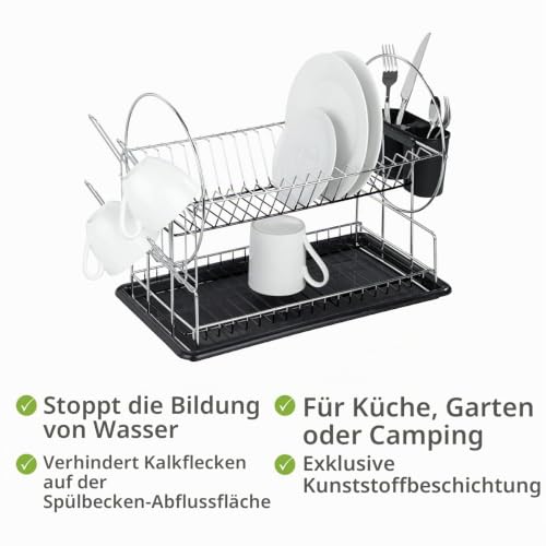 Foto von WENKO Geschirrabtropfer Premium Duo, Organisationstalent, Geschirr Abtropfständer für die Küche, Abtropfgestell mit Besteckkasten und Tellerständer, 52 x 36 x 24 cm, aus Metall, Silber/Schwarz