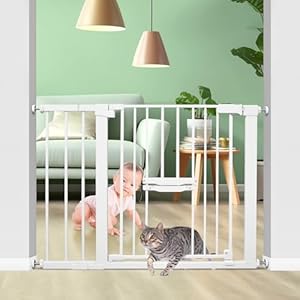 40.6″-29.7″ Auto Baby Gate for Doorways, Small Baby Gate with Cat Door, Super Wide Walk Thru Baby Gate, Bonus Kit, Includes 3-Inch and 8.3-Inch Extension Kit, 2 Pack Y-Pressure Bolts,etc (White)