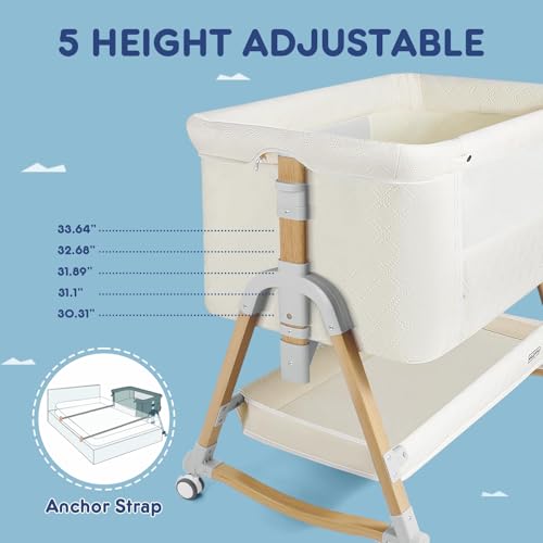HARPPA Cuddly Bassinet, 3 in 1 Baby Bassinet, Rocking Bedside Bassinet with Wheels, 5 Height Adjustable, Includes Mosquito Net, Mattress, Anchor Strap