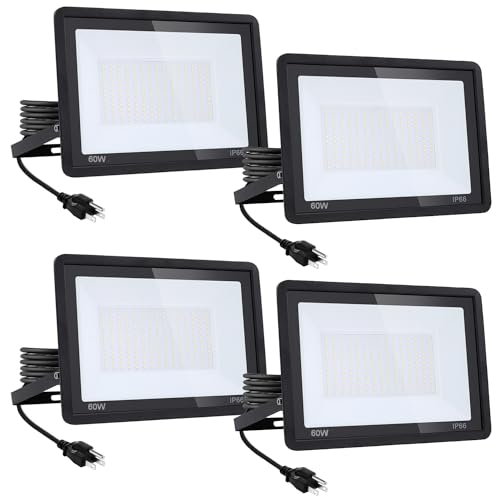 4Pack-60W LED Flood Light Outdoor,6600lm LED Work Light with 6FT US Plug,IP66 Waterproof Exterior Security Lights,6000K Daylight White Outside Floodlights Slim Design for Playground Yard Stadium