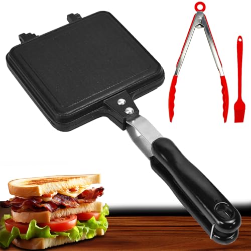 UHETLET Sartén Doble Cara para Sándwiches, 35x15 cm, antiadherente, inducción, mango resistente al calor, sartén cuadrada para desayuno