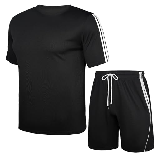 Nieery - Nieery Men's Tracksuit Men's T-Shirt and Shorts Set Sports Mesh Tracksuit Outfits Short Sleeve Suit Set Casual Running Sport Sweat Activewear with Pockets Black L