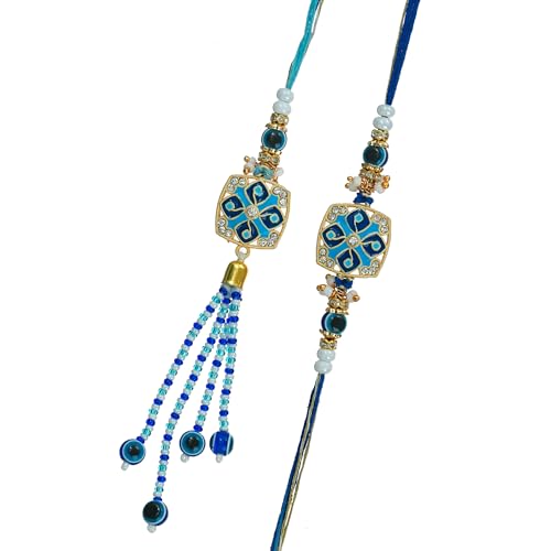 Image of eCraftIndia Blue Beautiful Floral Evil Eye Designer Bhaiya Bhabhi Rakhis with Best Bro Ever Fridge Magnet | Set of 2 Rakhi for Brother and Bhabhi | Lumba Rakhi | Roli Chawal Pack