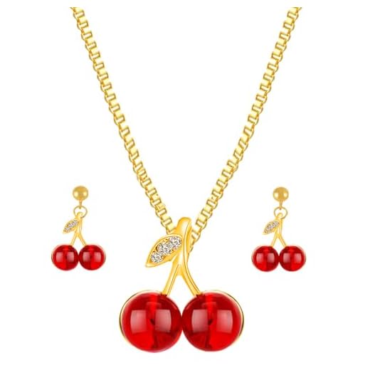 XUN Zhe Conjunto de brincos de colar de cereja vermelha para mulheres colar com pingente de cereja fofo de frutas e cereja na moda brinco pendente de gota de zircônia cúbica joia de cereja, Metal,