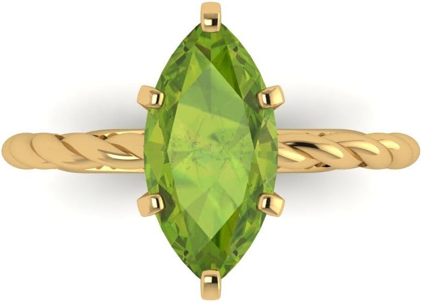 Clara Pucci 14K Solid Yellow Gold 2 ctw Peridot Solitaire Ring for Women | Anniversary, Birthday Gift | 12x6mm Marquise Cut