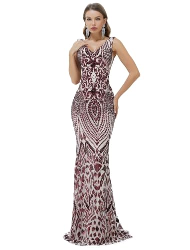 Image of Women's Wedding Bridesmaid Gown Sequined Mermaid V Neck Sleeveless Evening Dress
