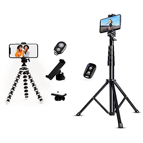 TalkWorks Flexible Phone Tripod, Black & UBeesize 51" Extendable Tripod Stand with Bluetooth Remote for iPhone Android Phone, Heavy Duty Aluminum, Lightweight