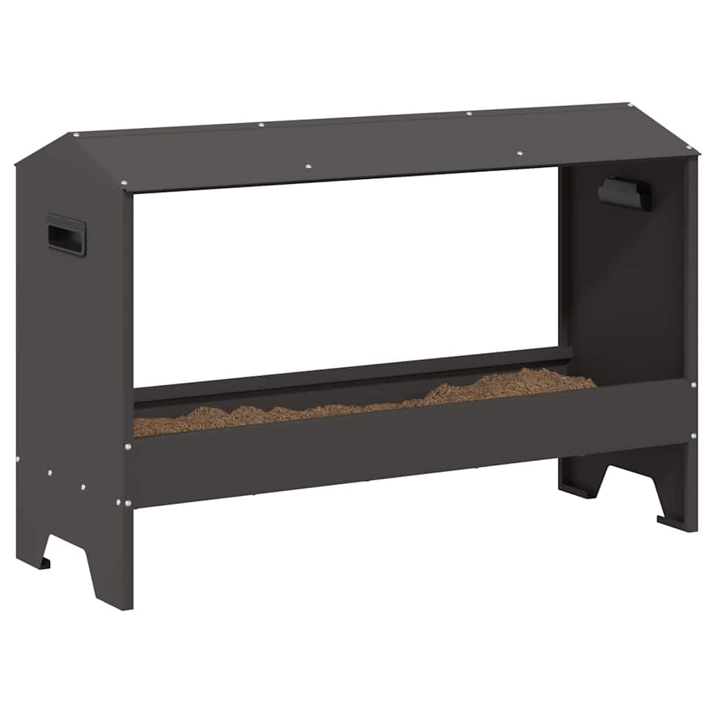 Comedero gallinero Gran capacidad 15 kg, bandeja de alimentación gallinas acero negro 81 x 32 x 53,5 cm, diseño moderno resistente a la intemperie para jardín o terraza, fácil de limpiar.