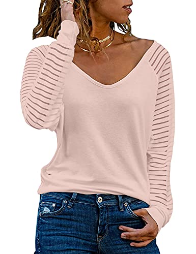 Acevog Womens V Neck Mesh Long Sleeve Solid Short Top Casual Loose Blouse Pullover Shirts Pink #TOP14