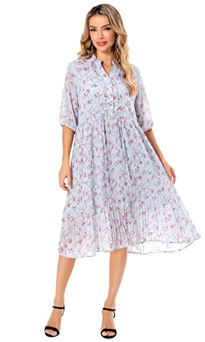 Image of Shineflow Women's Short Sleeve V-Neck 3 /4 Sleeve Button Up Chiffon Floral Pleated Midi Swing Dress with Belt