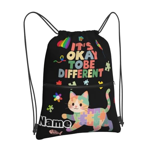 Custom Name Drawstring Backpack - Personalized Autism Awareness Sport Gym Sackpack String Bag with Zipper Pocket for Beach School Travel,​Cat