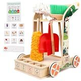 Wooden Baby Push and Pull Walker Kids Cleaning Cart Set for Toddlers Montessori Walker Cleaning Toys with Broom Mop Dustpan Duster Detachable Pretend Playing Tools for Boys Girls Adjustable Speed