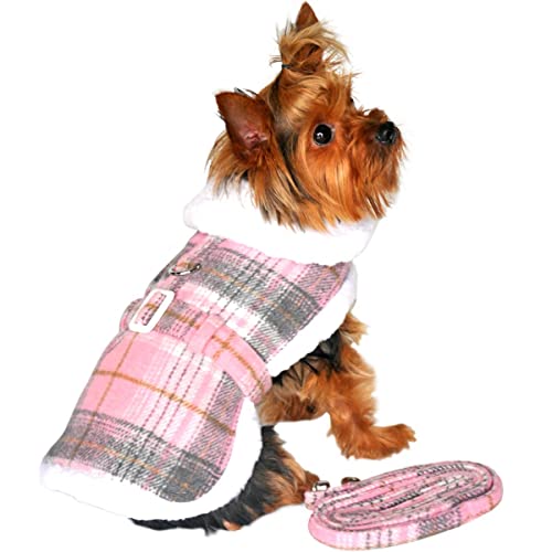 DOGGIE DESIGN Plaid Fur-Trimmed Dog Harness Coat - Pink and White (Large)