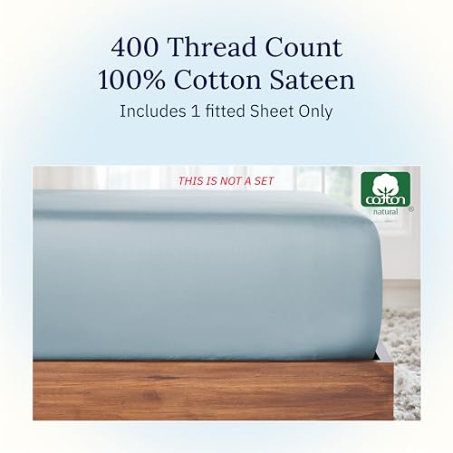 California Design Den Twin XL Deep Pocket Fitted Sheet, Soft 400 Thread Count 100% Cotton Sateen, No Pop-Off Elastic, Deep Pocket Cooling Sheets, Durable Fitted Sheet for Dorms (Sky Blue)