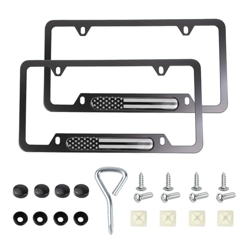 Hovom 2PCS USA Flag Car License Plate Frames, 4 Holes American Flag Metal License Plate Frame, Rustproof Slim License Plate Cover Holder, Patriotic Car Tag Holder with Screws Caps (Black)