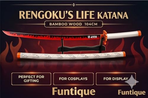 Image of Demon Slayer Kyojuro Rengoku Wooden Katana Sword, 104cm Premium Bamboo Anime Flame Hashira Cosplay Replica with Display Stand