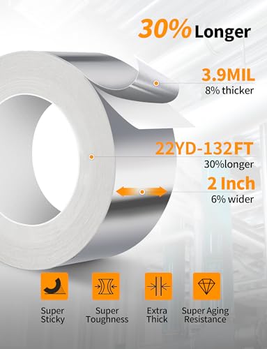 Aluminum Foil Tape, 2 inch x 132 Feet-44YD (3.9 mil), Insulation Adhesive Metal High Temperature Heavy Duty HVAC Tape, Silver for Ductwork, Dryer Vent, HVAC - Thumbnail 6