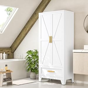 Metal Wardrobe Cabinet,71" Armoire Wardrobe Closet with Drawers and Hanging Rod,Metal Armoire with Adjustable Shelves for Closet,Bedroom,Farmhouse Storage Cabinet with Barn Door Metal Wardrobe Cabinet71 Armoire Wardrobe Closet with Drawers and Hanging RodMetal Armoire with Adjustable Shelves for ClosetBedroomFarmhouse Storage Cabinet with Barn Door