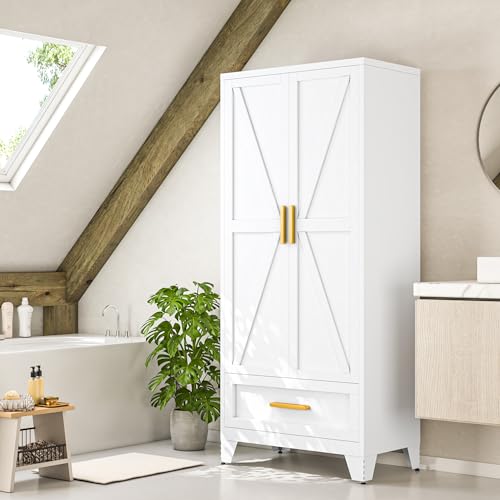 Metal-Wardrobe-Cabinet71-Armoire-Wardrobe-Closet-with-Drawers-and-Hanging-RodMetal-Armoire-with-Adjustable-Shelves-for-ClosetBedroomFarmhouse-Storage-Cabinet-with-Barn-Door Metal Wardrobe Cabinet71 Armoire Wardrobe Closet with Drawers and Hanging RodMetal Armoire with Adjustable Shelves for ClosetBedroomFarmhouse Storage Cabinet with Barn Door