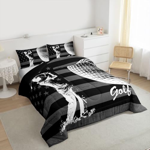 Image of Feelyou Golf Comforter Set King Size Sports Golfing Bedding Set for Kids Boys Girls American Flag Duvet Quilt Bedroom Decor Microfiber 3 Pcs with 2 Pillow Cases