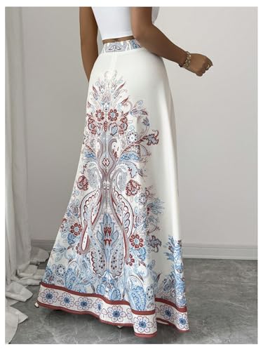 MakeMeChic Women's Floral Maxi Skirt Paisley Print High Waist Flare Hem Country Boho Skirts3