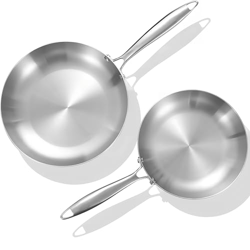 LOLYKITCH 8.5-10 Inch Tri-ply Stainless Steel Frying Pan Set,Skillets,Induction Chef's Pan,Heavy Duty,Dishwasher and Oven Safe,Riveted Handle