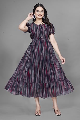 Image of Women Gown with Abstract Print | Georgette One Piece Dress with Puff Sleeves | Round Neck Tiered Midi Frock for Women | Ladies Western Maxi Dress