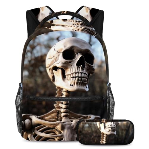 Sac à dos squelette Halloween avec trousse multicolore pour étudiants