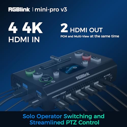 Image of RGBlink Mini-pro Video Switcher with 4X 4K HDMI Inputs, 2HDMI /1USB3.0 Output, RTMP, Multi Camera Video Mixer Switcher with Touch Screen, Ideal for Solo Live Streaming Church Worship Conference,Events