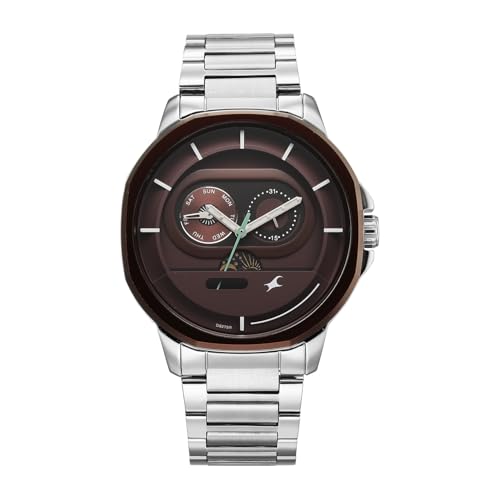 Image of Fastrack Street Opulence Sun Moon Multifunction Quartz Analog with Maroon Dial Silver Stainless Steel Metal Strap Watch for Men - 3303KM05