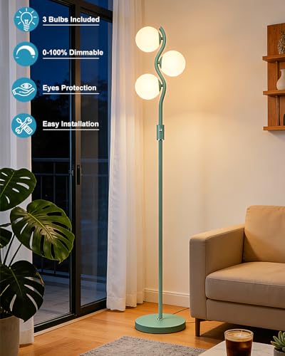 Image of Lightdot 60IN Green Floor Lamp Stepless Dimmable Globe Floor Lamps with 3Pcs 3000K Bulbs Eye-Friendly Mid Century Standing Lamps with 5Lbs Heavy Base for Living Room /Bedroom /Corner