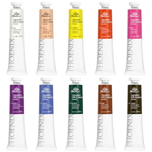 PHOENIX Studio Oil Paint Set - 10 Creative Colors x 50ml / 1.69 Fl oz. - with Skin Tone & Peach Red for Portrait Painting, Professional Oil Based Art Paints