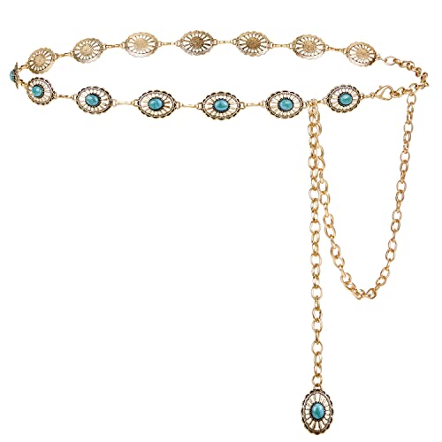FIORETTO Concho Chain Belt for Women Oval Turquoise Metal Waist Chain Western Belts for Dress Gold