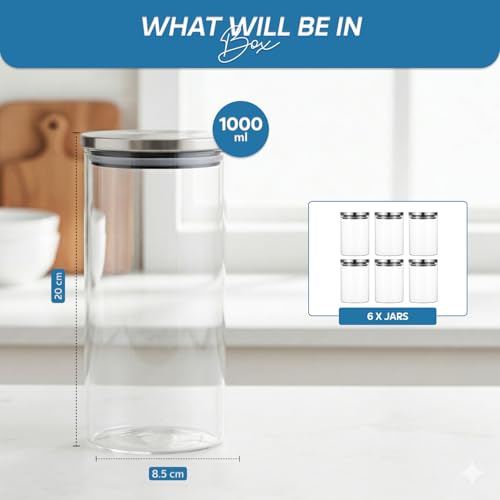 Image of amazon basics Glass Containers for Kitchen, Set of 6, 1000ml Borosilicate Glass Jars with Airtight Stainless Steel Lids for Flour, Rice, Pulses, Cookies & Pantry Storage