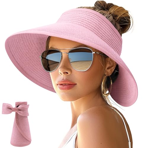 Image of NPJY Sun Hats for Women Wide Brim Roll-Up Beach Ponytail Hat Packable Foldable Travel Straw Visor