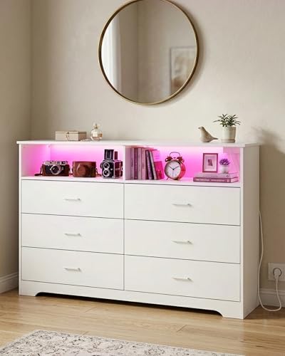 Ginhow Cómoda blanca brillante con 6 cajones, 150 cm de ancho, con LED y enchufe, aparador y USB, moderno y armario multiusos para dormitorio, salón, pasillo