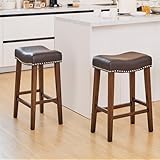PrimeZone Counter Height Bar Stools Set of 2 - Backless Saddle Barstools with 4.3' Thick Upholstered, Nailhead Trim Faux Leather & Solid Wood Legs, 26 Inch Counter Stools for Kitchen Island, Brown