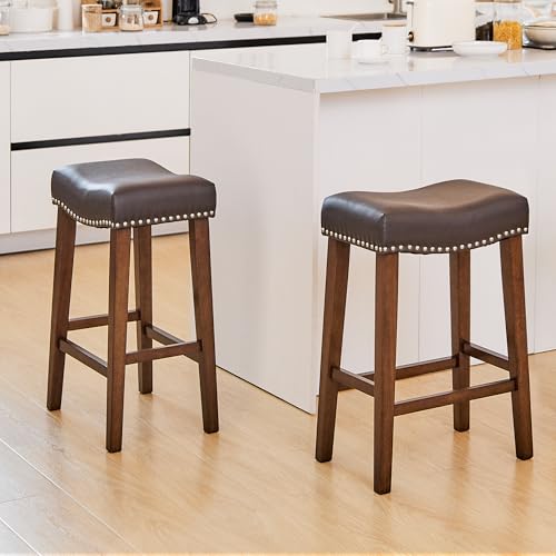 PrimeZone Counter Height Bar Stools Set of 2 - Backless Saddle Barstools with 4.3' Thick Upholstered, Nailhead Trim Faux Leather & Solid Wood Legs, 26 Inch Counter Stools for Kitchen Island, Brown