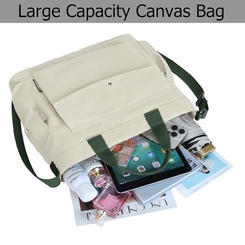 Image of Canvas Messenger Tote Bag Large Hobo Crossbody Bag with Multiple Pockets Casual Shoulder Handbag for Women and Men