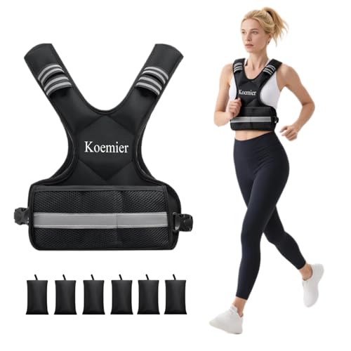Koemier Adjustable Weighted Vest for Men Women, 4-10lbs/12-20lbs/20-32lbs 6 Weights Iron Sand Vest with Reflective Stripes for Strength Training Running