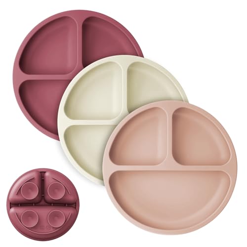 Image of Cutebe 3 Pack Suction Plates for Baby Food Grade Silicone Baby Plates with Suction Microwave & Dishwasher Safe Toddler Plates Divided Design & Raised Edges Toddler Dishes for Feeding