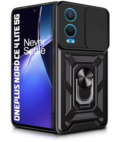 Image of WOW IMAGINE Tough Armor Bumper Mobile Back Case for 1+ OnePlus Nord CE 4 Lite 5G | Sliding Camera Shield Cover | Shock Proof 360 Protection | Hybrid PC + TPU | Ring Holder with Kickstand - Black